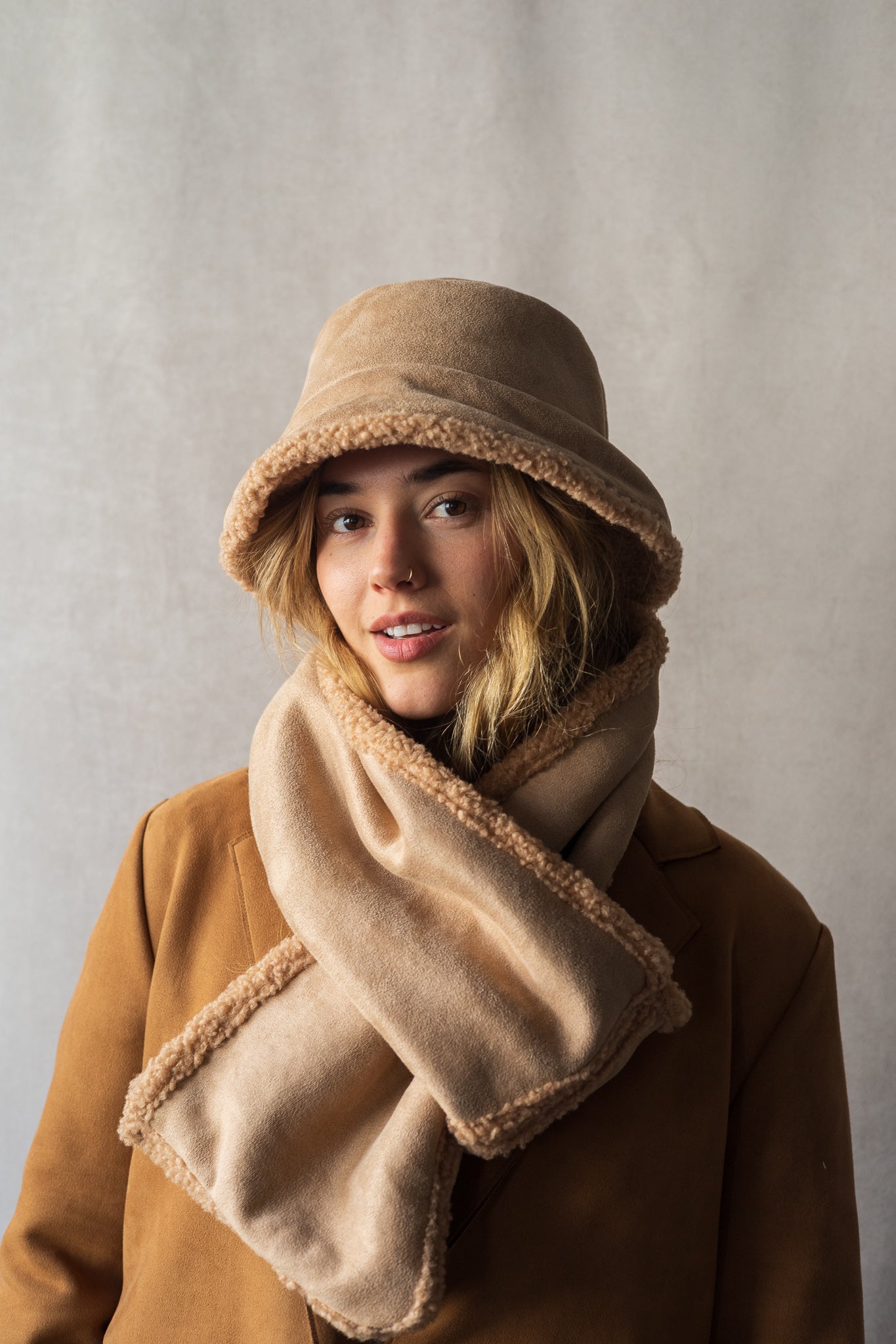 Reversible sherpa suede scarf