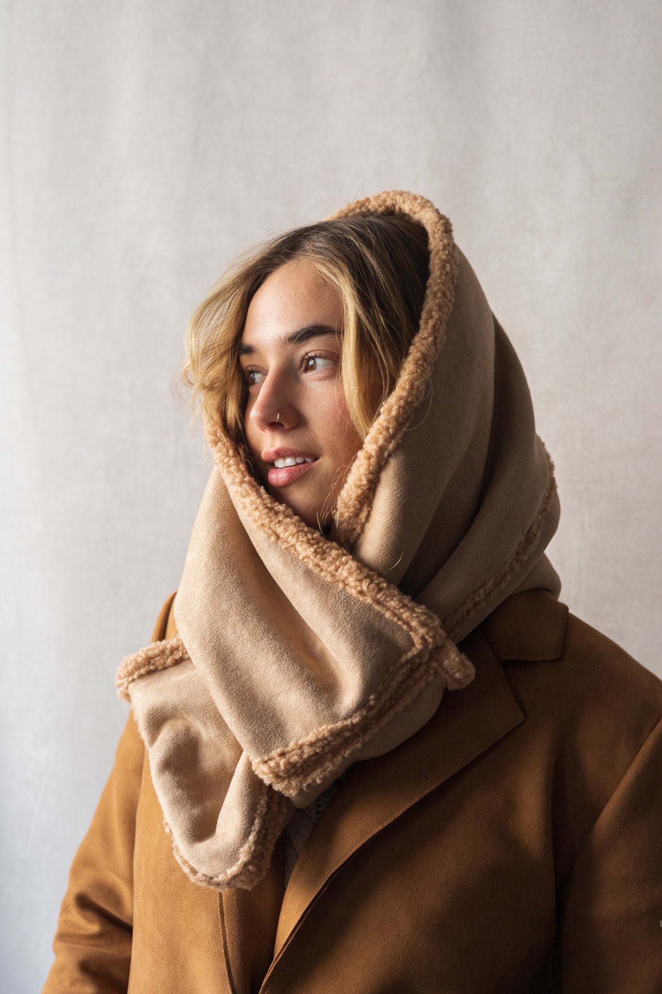 Reversible sherpa suede scarf