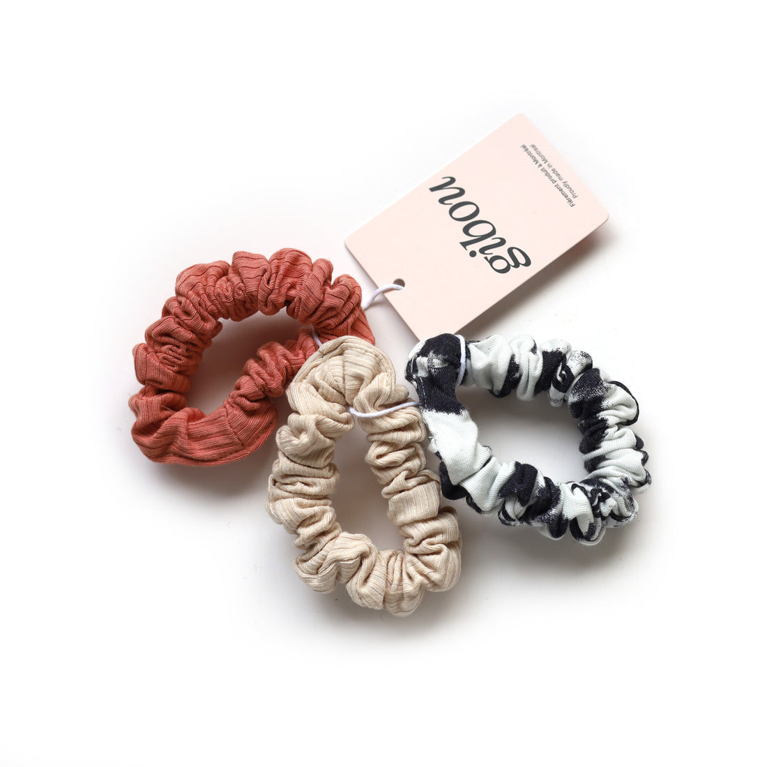 Trio of mini scrunchies made from upcycled fabric